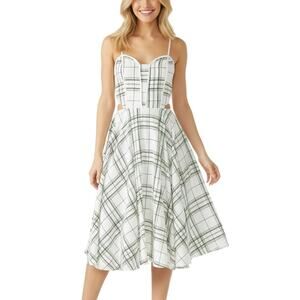 J.O.A. White Green Checked Cut Out Sweetheart Neck Midi Dress Women’s Size M